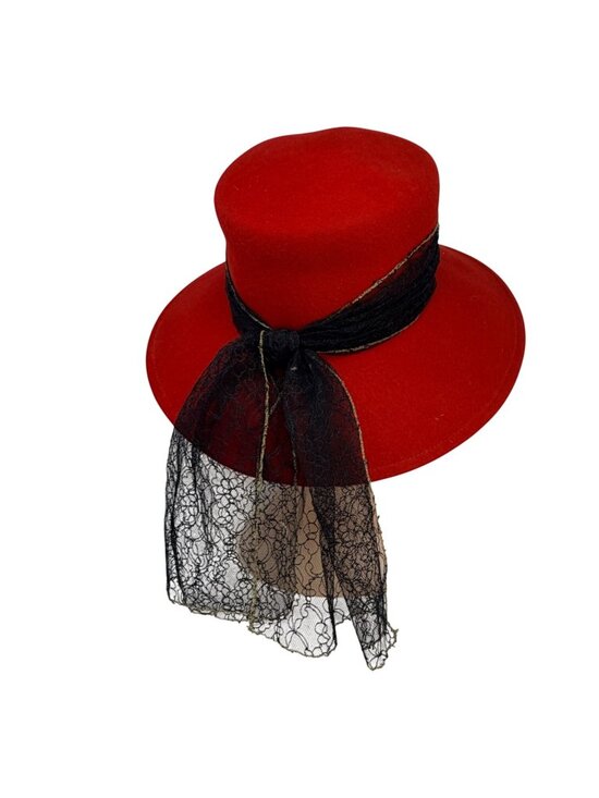 Vintage Red Wool Felt Hat Betmar Wide Brim Veil Dress Hat 1980s main image 7